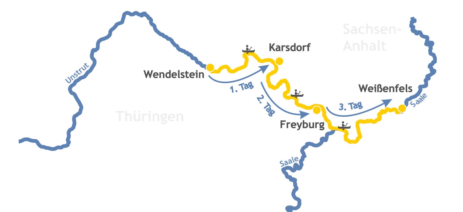 Karte Kanutouren auf der Unstrut – Schulausflug und Azubi-Ausflug