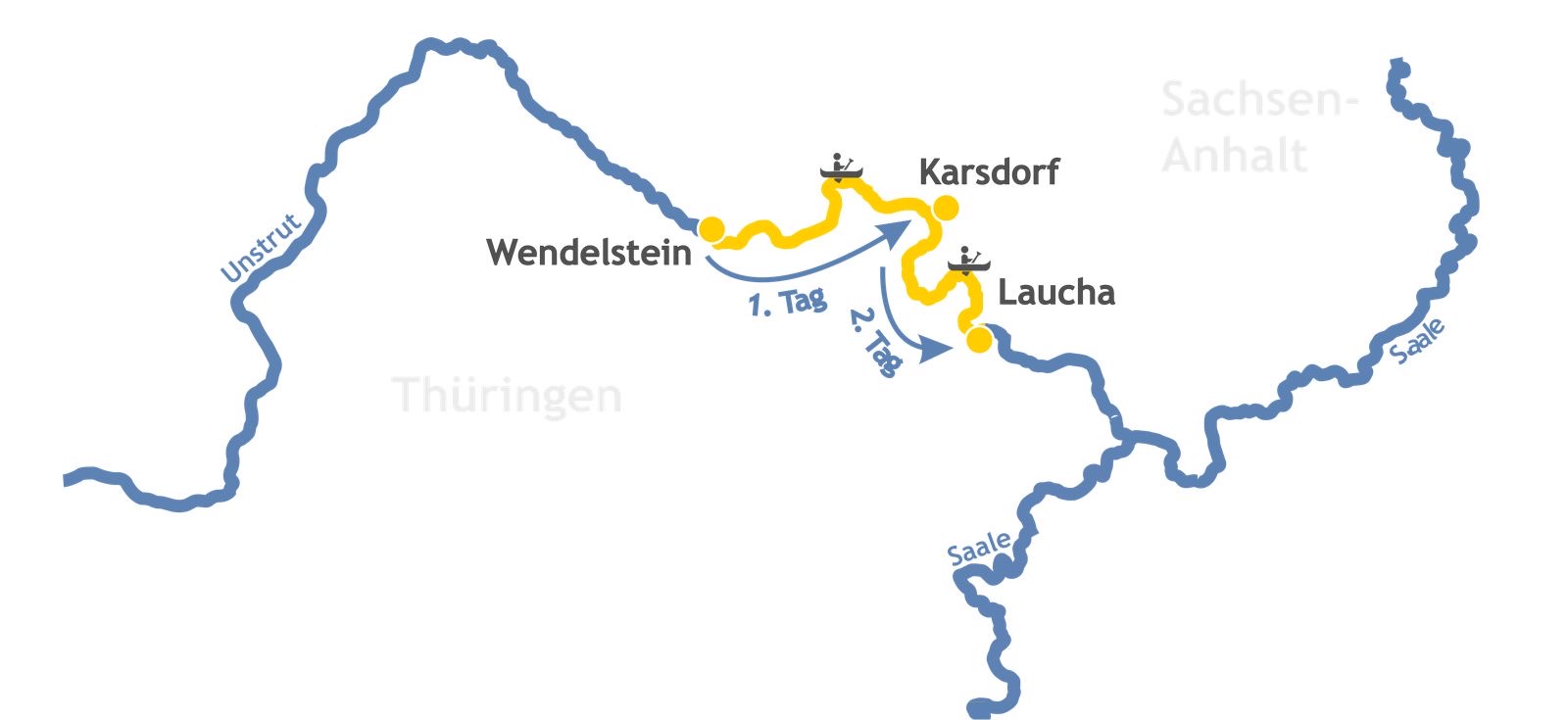 Karte Kanutouren auf der Unstrut – Schulausflug und Azubi-Ausflug